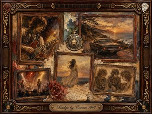 A richly textured vintage collage evokes wistful memories through framed scenes of a guitarist, a sunset coastal drive, an ethereal woman, and a glowing concert. Warm sepia, amber, crimson, and dusky blue tones create nostalgic atmosphere, while painterly oil and watercolor textures, handwritten fragments, roses, and ornate musical details deepen the dreamlike mood.