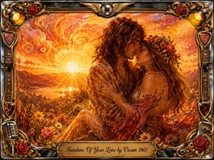 A romantic hippie couple embraces in a glowing wildflower field beneath a radiant golden sunset, creating a warm, seductive, dreamlike mood. Rich oranges, reds, and amber tones blend through expressive oil-and-watercolor textures. An ornate chrome-and-gold musical frame, decorated with roses, guitar elements, microphones, and vintage details, surrounds the intimate scene.