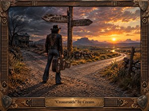 A lone traveler carrying a battered guitar case stands at a desert crossroads beneath weathered signs pointing toward past and future. Storm-dark blues and charcoal shadows oppose a glowing amber sunset, creating tension between regret and possibility. Detailed realism, dusty textures, distant mesas, and an ornate guitar-inspired wooden frame deepen the timeless blues-rock atmosphere.