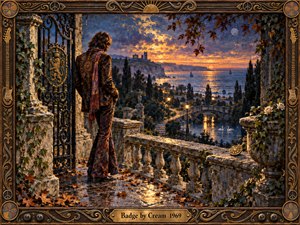 A solitary late-1960s figure stands on a weathered seaside terrace, gazing toward a glowing sunset beyond cypress gardens, swans, sailboats, and distant ruins. Rich amber, bronze, indigo, and stone-gray tones create a wistful mood, while painterly textures, reflective paving, ornate ironwork, and the guitar-themed frame deepen the handcrafted atmosphere.