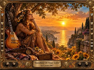 A flower-crowned woman rests beside a sunburst electric guitar beneath an ancient tree, overlooking a glowing Mediterranean coastline at sunset. Warm gold, amber, and orange light fills the scene, creating a dreamy, romantic 1960s atmosphere. Ornate bronze framing, paisley details, sunflowers, amplifier knobs, and guitar motifs reinforce the richly handcrafted psychedelic rock aesthetic.