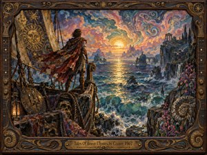 A lone voyager stands on a weathered ship facing a radiant mythic horizon, surrounded by turbulent teal seas, jagged islands, ruined temples, and swirling psychedelic clouds. Golden sunset light cuts through indigo, coral, and violet tones, while textured brushwork, carved bronze details, floral motifs, and an ornate musical frame create a dreamlike 1960s atmosphere.