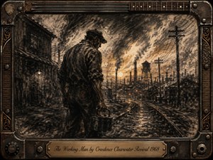 A weary working man carrying a lunch pail stands beside curving railroad tracks leading into a smoky industrial town at sunset. Deep charcoal textures, sepia browns, amber highlights, and dramatic backlighting create a gritty, reflective mood. A rugged metal-and-guitar-themed frame surrounds the scene, finished with an engraved brass title plate.