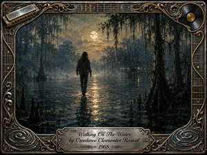A solitary figure walks across a moonlit bayou, surrounded by misty cypress trees and shimmering reflections. Deep blues, smoky greens, silver-gray shadows, and warm amber light create a mysterious, contemplative mood. Rich oil-paint textures fill the scene, framed by ornate chrome, gold filigree, guitar strings, harmonica, and vinyl details.