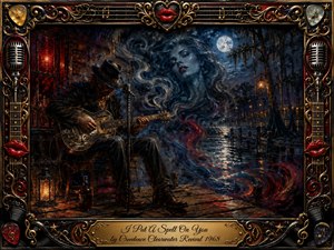 A shadowed blues guitarist plays beside a moonlit bayou as swirling mist forms a haunting womans face above the water. Deep blues, black, crimson, and gold create a mysterious, seductive mood, illuminated by lanterns and moonlight. Thick oil-paint textures, ornate musical framing, red lips, chrome details, and the engraved title plate complete the dramatic composition.