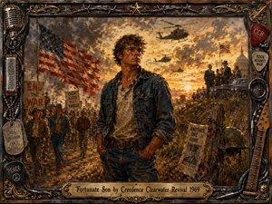 A rugged young man stands amid a turbulent antiwar landscape beneath a fiery golden sky, framed by marching crowds, helicopters, flags, protest signs, and distant political privilege. Rich browns, smoky grays, faded reds, and amber light create a tense, rebellious mood. Textured oil-paint styling and distressed rock memorabilia intensify the eras conflict.