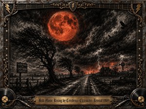 A blood-red moon looms over a storm-battered rural road, twisted trees, fences, a distant farmhouse, and an old pickup beneath flashing lightning. Deep charcoal textures, smoky blacks, ember reds, and metallic gold create an ominous Southern Gothic mood. An ornate music-themed frame features records, cables, strings, lightning emblems, and an engraved title plate.