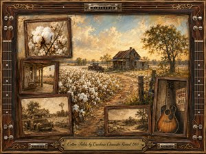 A warm, nostalgic cotton field stretches toward a weathered farmhouse beneath a glowing late-afternoon sky, framed by faded rural memories of porches, old trucks, landscapes, and an acoustic guitar. Creams, browns, muted greens, and honey gold blend in painterly textures, surrounded by ornate rosewood, guitar-string details, and an engraved title plate.
