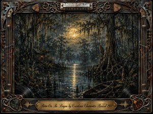 A moonlit Louisiana bayou stretches beneath towering cypress trees draped in Spanish moss, with mist, fireflies, an old rowboat, and a warmly lit cabin creating a mysterious Southern atmosphere. Rich oil-painted textures, deep greens, smoky blues, and amber reflections are enclosed by an ornate, weathered musical frame with an engraved brass title plate.