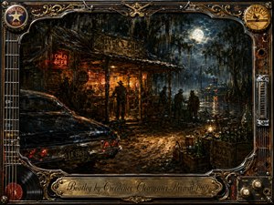 A richly textured oil-style painting depicts a moonlit Southern roadhouse beside a misty swamp, glowing with amber light against deep blues, blacks, and rusty browns. Shadowy figures, a vintage car, bottles, crates, and river reflections create a secretive outlaw mood. An ornate chrome-and-gold music-themed frame and engraved title plate complete the vintage composition.