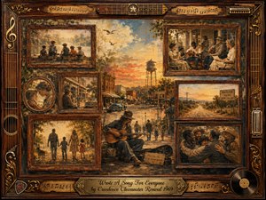 A nostalgic Americana collage unfolds within ornate rosewood and gold-trimmed musical framing, blending porch gatherings, children, travelers, embraces, and a lone guitarist beneath a glowing small-town sunset. Warm sepia, amber, muted blue, and earthy greens create a tender, reflective mood, rendered in richly textured oil, acrylic, and watercolor styles.