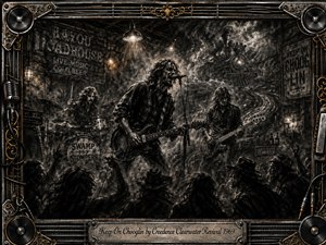 A gritty charcoal roadhouse scene captures a swamp-rock band driving through a smoky late-night performance. The singer-guitarist dominates the center, flanked by bassist and drummer, while shadowy dancers crowd the foreground. Deep blacks, silvery grays, and amber highlights create dramatic warmth, framed by ornate metalwork, speakers, cables, and musical details.