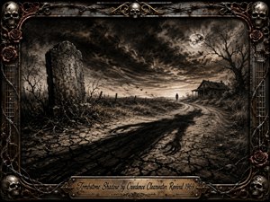 A weathered tombstone casts an unnaturally long shadow across a cracked rural road beneath turbulent moonlit clouds. A distant figure and abandoned farmhouse deepen the ominous Southern Gothic mood. Rich charcoal textures, sepia highlights, stark lighting, bare trees, skulls, roses, barbed wire, and metallic guitar-string framing create a haunting vintage-rock atmosphere.