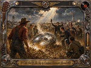 A glowing metallic object lies crashed in a rural field as farmers, reporters, photographers, and curious townspeople gather beneath a stormy sky pierced by dramatic golden light. Rich oil-painted textures, earthy browns, smoky blues, and chrome highlights create tense 1960s Americana, framed by ornate musical, radio, and metallic details.