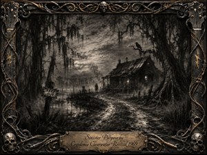 A brooding charcoal bayou scene shows a lonely figure near a weathered shack beneath a clouded moon, surrounded by twisted trees, hanging moss, mist, and a stark KEEP OUT sign. Deep blacks and smoky grays create ominous tension, framed by ornate metalwork, skulls, guitar strings, gold accents, and an engraved title plate.
