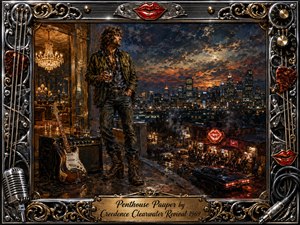 A rugged musician stands on a luxurious penthouse terrace overlooking a glowing city and smoky roadhouse below, balancing wealth with rebellious grit. Rich blues, amber golds, deep reds, and chrome highlights create dramatic dusk lighting. Textured oil-paint brushwork, guitars, amplifiers, neon, and an ornate music-themed frame reinforce the restless rock-and-roll mood.