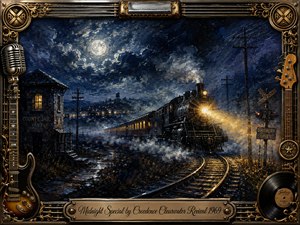 A luminous midnight train rounds a misty curve beneath a swirling moonlit sky, its golden headlamp cutting through deep indigo shadows. Painted in richly textured oils, the scene feels nostalgic, restless, and hopeful. Ornate gold-and-chrome framing incorporates guitars, microphone, harmonica, vinyl, railroad motifs, and an engraved title plate.