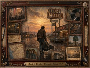 A weary musician carrying a battered guitar case walks through a small California town at sunset, surrounded by faded memories of concerts, records, highways, and touring. Warm amber, rust, brown, and muted blue tones create a melancholy glow, while painterly textures, vintage rosewood frames, musical ornaments, and an engraved title plate evoke nostalgic, fading dreams.