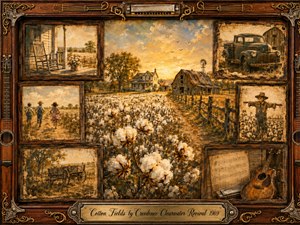 A nostalgic cotton field stretches toward a weathered farmhouse and barn beneath a glowing golden sky. Framed memory scenes show a porch, vintage truck, children, wagon, scarecrow, sheet music, and acoustic guitar. Warm sepia, cream, amber, and brown tones create a rustic oil-painted collage, enclosed by ornate rosewood and musical details.