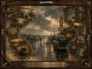 A rain-soaked Americana road stretches beneath brooding gray skies, surrounded by faded rosewood-framed memories of musicians, travelers, concerts, motels, and roadside life. Warm amber reflections contrast with muted blues, browns, and sepia tones. Painterly oil, acrylic, and watercolor textures create a wistful, weathered collage framed with ornate musical details.