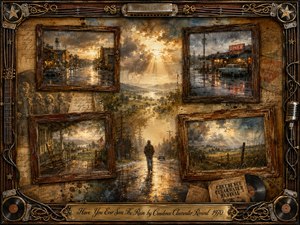 A nostalgic collage of rain-soaked Americana unfolds within weathered rosewood frames, showing quiet streets, a glowing diner, open countryside, and a lone figure walking beneath stormy skies. Warm gold sunlight breaks through cool gray rain, while sepia textures, vinyl records, strings, and vintage musical details create a richly layered, painterly atmosphere of fading memory.