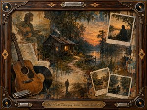 A weathered cabin glows beside a quiet swamp at sunset, surrounded by fading memories of a lone traveler, an acoustic guitar, maps, vinyl records, and aged photographs. Warm amber, sepia, teal, and smoky blue tones blend through textured oil, acrylic, and watercolor effects, creating a nostalgic, solitary mood within an ornate musical rosewood frame.