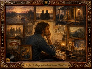 A thoughtful man sits at a wooden desk surrounded by framed memories of roads, porches, musicians, vehicles, and evening gatherings. Warm amber lamplight and muted blues create a reflective, nostalgic mood. Painterly oil, acrylic, and watercolor textures blend softly within an ornate rosewood-and-gold musical frame and engraved title plate.