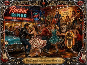 A vibrant oil-painted rock-and-roll dance party unfolds outside a neon-lit diner, where lively couples spin beneath warm stage lights while a band performs nearby. Turquoise, cherry red, gold, and chrome dominate the energetic scene, framed by guitars, records, musical notes, red lips, and an ornate engraved title plate.