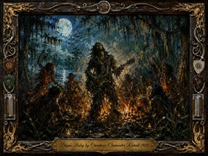 A wild guitarist stands at the heart of a moonlit bayou gathering, surrounded by dancing figures, drums, fire, smoke, and tangled cypress trees. Fiery oranges contrast with deep blues, greens, and blacks beneath a glowing moon. Thick, expressive acrylic textures create a feverish, mystical mood, framed by ornate wood, metal, strings, picks, and engraved brass.