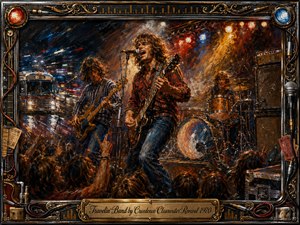 A fiery oil-painted rock concert captures a touring band at full intensity, with a singing guitarist, bassist, drummer, roaring crowd, and glowing tour bus behind the stage. Amber, red, blue, and chrome highlights cut through smoky night lighting. An ornate music-themed frame surrounds the energetic scene, finished with an engraved title plate.