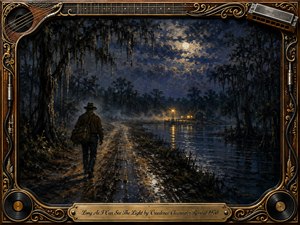 A lone traveler walks a rain-darkened bayou road toward a distant golden light beside still water. Deep blues, charcoal shadows, mist, and moonlit reflections create a wistful, hopeful mood. Rich oil-paint textures contrast with the ornate music-themed frame of guitar strings, harmonica details, vinyl records, gold filigree, and engraved title plate.