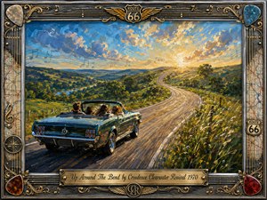 A vibrant acrylic-style road scene follows a vintage green convertible along a winding highway through sunlit hills toward a glowing bend. Rich greens, blues, and golden light create an adventurous, nostalgic mood. Musical notes drift through the painterly sky, while an ornate chrome-and-gold Route 66 frame completes the composition.