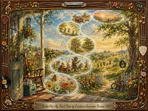 A sunlit back porch opens onto a whimsical countryside where translucent memory bubbles curve through the scene, revealing flowers, children, animals, a vintage truck, and playful rural moments. Warm golds, greens, and blues glow in painterly watercolor and acrylic textures, framed by ornate rosewood, musical details, and an engraved title plate.