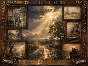 A nostalgic rosewood-framed collage surrounds a rain-soaked country road glowing beneath dramatic golden sunlight breaking through storm clouds. Warm browns, amber highlights, muted greens, and charcoal skies create a reflective, bittersweet mood. Painterly memory scenes, an acoustic guitar, harmonicas, rural landscapes, and ornate musical details enrich the weathered composition.