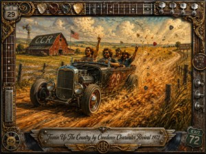 A roaring vintage hot rod charges down a dusty country road as four jubilant riders celebrate beneath a glowing summer sky. Golden fields, weathered fences, a red barn, and swirling dust create restless rural energy. Rich oil-painted textures, warm amber light, chrome highlights, flying guitar picks, and an ornate music-themed frame amplify the rebellious rock-and-roll mood.