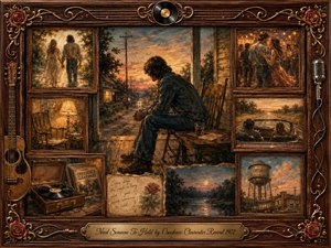A solitary man sits pensively on a wooden porch at sunset, surrounded by framed memories of love, dancing, travel, and quiet companionship. Warm amber, rosewood, faded blue, and gold tones create a wistful mood. Painterly textures, vintage lighting, musical ornaments, roses, and an engraved title plate complete the nostalgic collage.