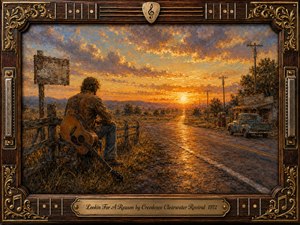 A solitary guitarist rests beside a weathered country road at sunset, gazing toward the glowing horizon. Warm amber, rust, blue, and gold tones create a reflective, searching mood. Rich oil-painted textures shape the rural landscape, while an ornate rosewood, guitar-string, and gold-inlaid frame surrounds the scene with a finely engraved title plate.