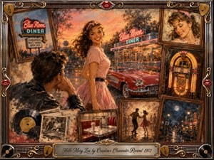 A radiant young woman smiles beside a red convertible outside a glowing vintage diner, while an admiring man watches from the foreground. Warm sunset oranges, pinks, chrome, and rosewood surround nostalgic inset memories of dancing, jukeboxes, records, and moonlit streets. Painterly textures and ornate musical framing create a romantic, wistful atmosphere.