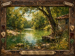 A sunlit green river winds through a lush summer landscape, framed by dense trees, wildflowers, rocks, and a weathered riverside shack. Warm golden light glimmers across emerald water as distant figures wade near a rope swing. Painterly textures, rustic musical ornaments, dragonflies, and aged wood create a nostalgic, carefree mood.