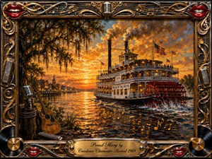 A grand paddlewheel riverboat rolls through a glowing Southern river at sunset, framed by mossy trees and a distant waterfront town. Warm amber, orange, and blue reflections create a spirited nostalgic mood. Rich oil-paint textures, musical notes, guitars, microphones, vinyl records, red lips, and ornate metallic details celebrate rhythm, travel, and freedom.
