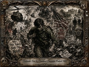 A weary young soldier advances through a smoky battlefield as helicopters, protest signs, flying draft papers, and a torn American flag surround him. Deep charcoal textures, muted reds, grays, and military greens create a tense, rebellious mood. A weathered metal frame with barbed wire, guitar details, and an engraved title plate completes the powerful antiwar composition.