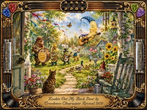 A whimsical watercolor backyard unfolds in warm afternoon light, filled with lush flowers, a winding garden path, playful animal musicians, floating bubbles, colorful streamers, and a smiling moon guitarist. Rich greens, golds, blues, and reds create a joyful nostalgic mood, framed by ornate musical details, guitar strings, chrome accents, and vintage ornamentation.
