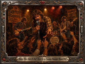 A fiery roadhouse performance captures a singer reaching passionately toward an excited crowd as guitars, bass, and drums drive the scene. Warm amber, red, and smoky brown lighting creates urgent energy. Thick oil-paint textures add grit, while an ornate chrome-and-gold musical frame and engraved title plate complete the vintage composition.