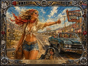 A carefree hitchhiker smiles beside a sunlit 1970s highway as a blue convertible approaches, capturing freedom, flirtation, and road-trip energy. Warm golds, dusty browns, vivid blues, and red accents glow beneath bright daylight. Expressive oil-paint textures, roadside signs, musical details, and an ornate chrome-and-gold frame enrich the nostalgic composition.