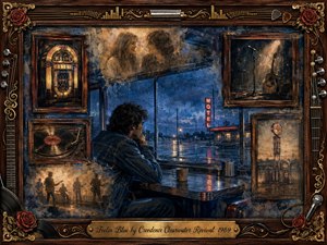 A solitary man in a denim jacket sits inside a rain-darkened roadside diner, staring through a window toward glowing motel lights and wet pavement. Faded framed memories of music, romance, records, and performances surround him. Deep blues, warm sepia highlights, ornate rosewood, gold details, and painterly textures create a soulful, nostalgic melancholy.