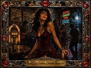 A sultry woman in a deep red dress commands a smoky swamp-side juke joint, surrounded by musicians, dancers, glowing neon, and a vintage jukebox. Rich amber, crimson, blue, and green lighting creates a hypnotic late-night mood. Textured oil-paint styling, chrome-gold ornament, red lips, guitars, records, and the engraved title frame complete the scene.