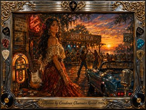 A dark-haired woman stands beside a glowing jukebox and vintage guitar at a lively Southern roadside dance gathering. Warm sunset oranges, deep blues, and amber stage lights create a nostalgic, energetic mood. Painterly textures, a classic convertible, dancing figures, live musicians, highway signs, and an ornate gold-and-chrome musical frame enrich the scene.