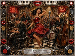 A jubilant woman in a red polka-dot dress dances at the heart of a crowded vintage juke joint as musicians pound piano, guitar, drums, and upright bass. Warm amber lights, glowing neon, chrome, gold, and deep reds create electric energy. Painterly textures and an ornate music-themed frame amplify the nostalgic rock-and-roll celebration.