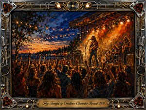 An energetic outdoor rock concert unfolds at dusk, with musicians performing beneath glowing amber stage lights as a lively crowd raises their hands. Deep blue skies contrast with fiery oranges and golds in expressive oil-painted brushwork. An ornate chrome-and-gold musical frame surrounds the scene, completed by an engraved title plate.