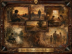 A nostalgic painterly collage portrays childhood, family, separation, and fading memories across rural roads, quiet interiors, and reflective riverbanks. Warm amber, sepia, brown, and muted gold tones glow beneath soft sunset lighting. Weathered rosewood frames, guitar-string details, vinyl corners, and an engraved title plate deepen the aged, melancholy atmosphere.